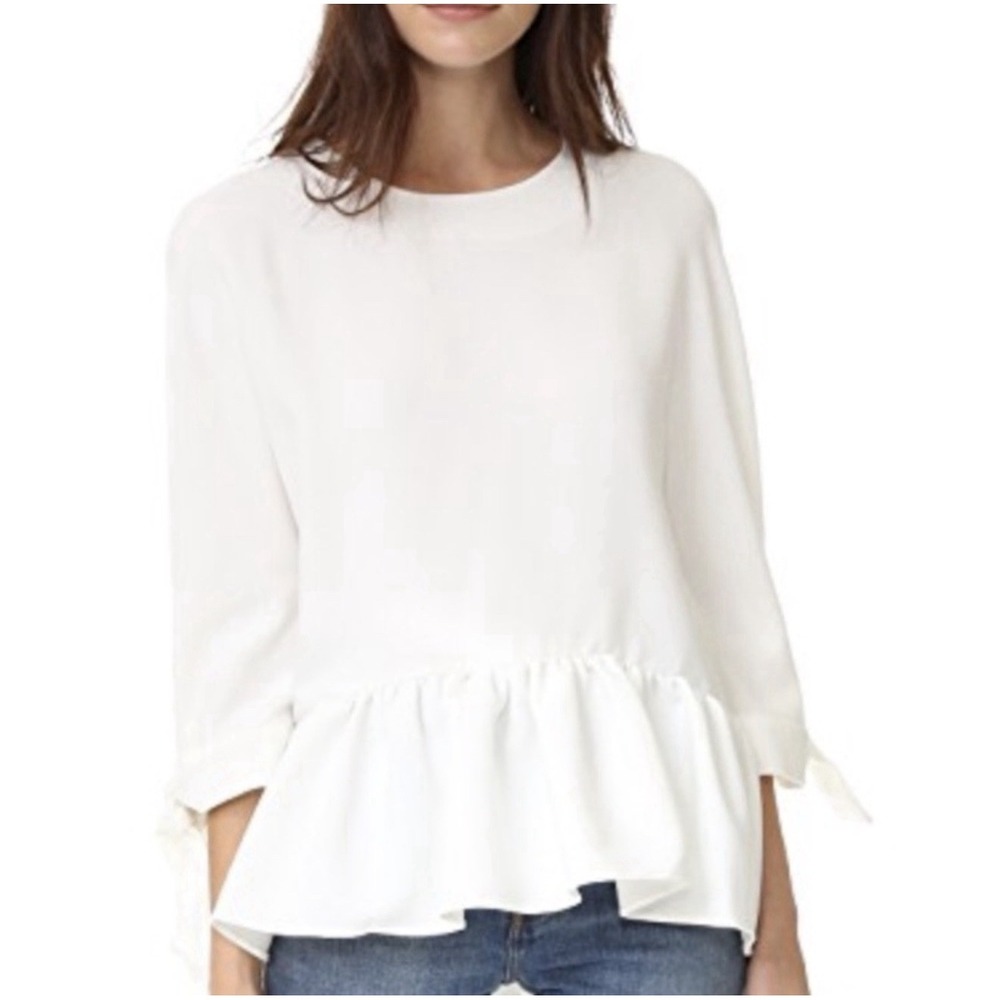 English Factory White Mixed Media Peplum Top Tie Cuff Blouse XS